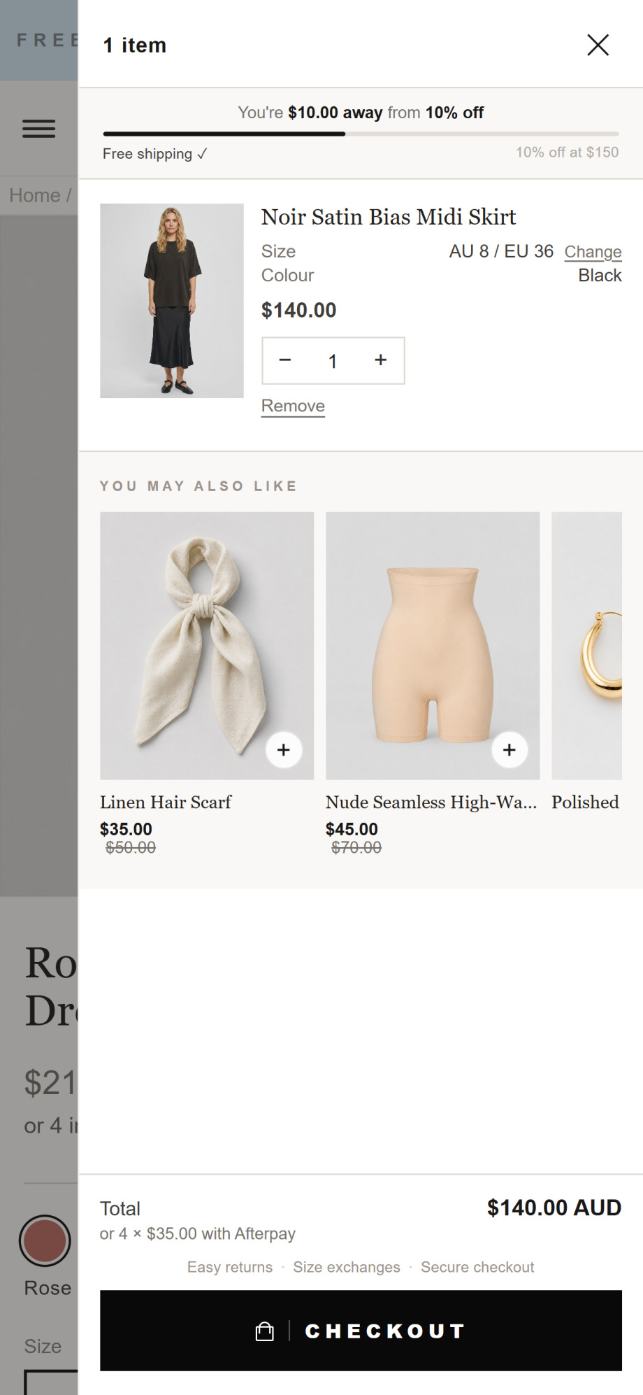 Luluwoman cart after: a single progress bar showing 10 dollars to 10 percent off, discounted low-cost add-ons with one-tap add buttons, and a reassurance row above the checkout button.