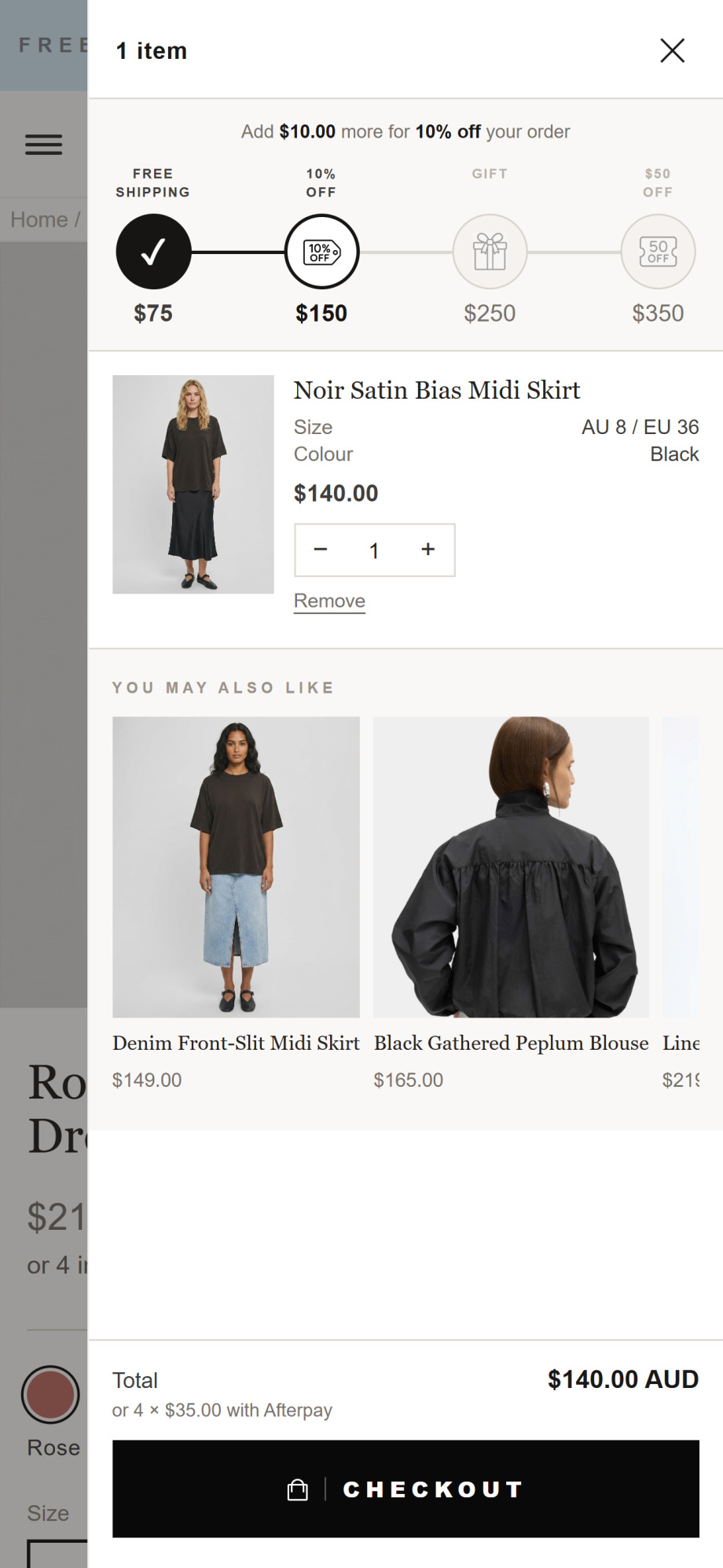 Luluwoman cart before: a four-stage reward ladder across free shipping, 10 percent off, gift and 50 dollars off, with recommended products priced at 149 and 165 dollars.