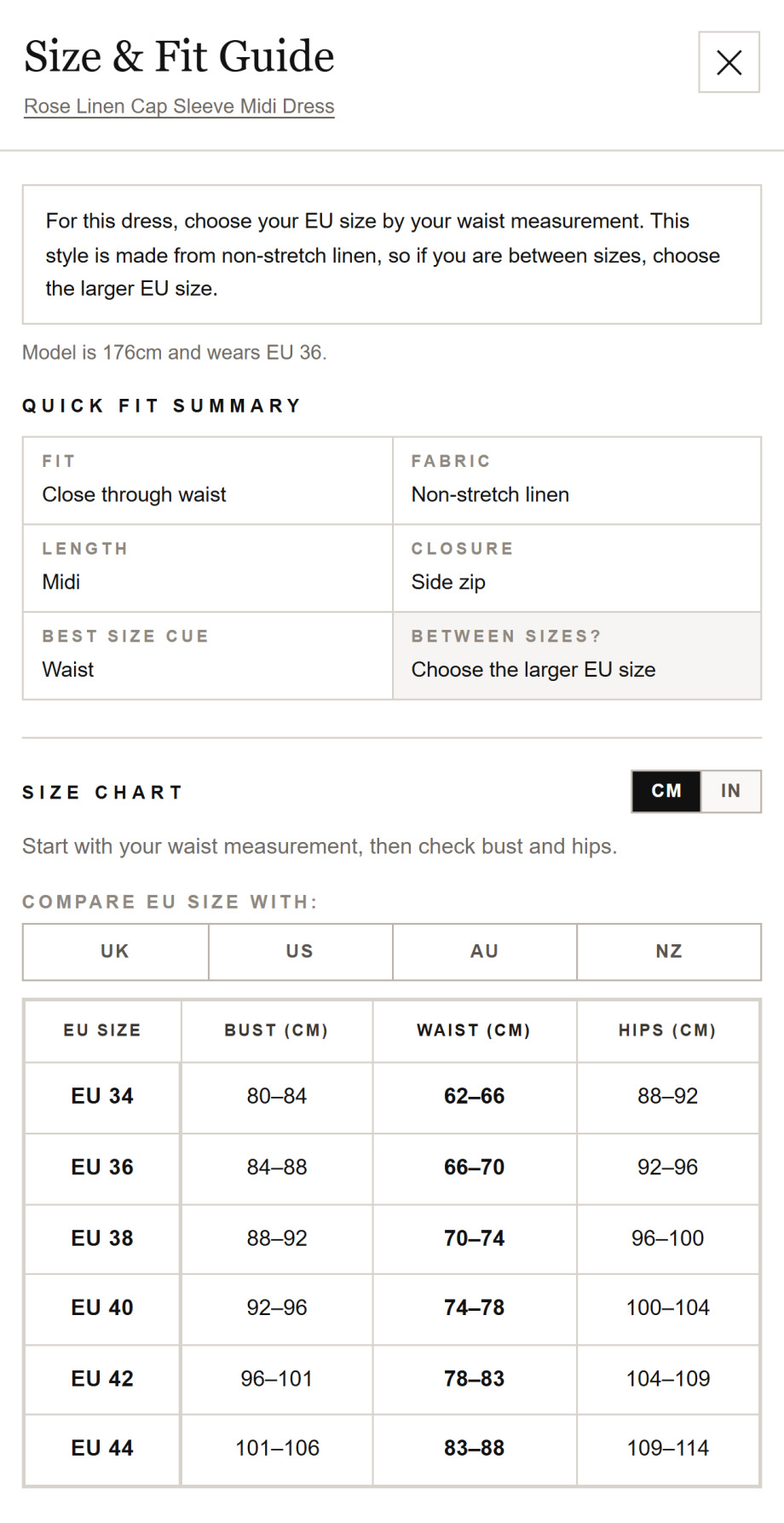 Luluwoman size guide after: a garment-specific instruction to choose by waist, a quick fit summary, and a waist-first size chart with cm and inch toggle.
