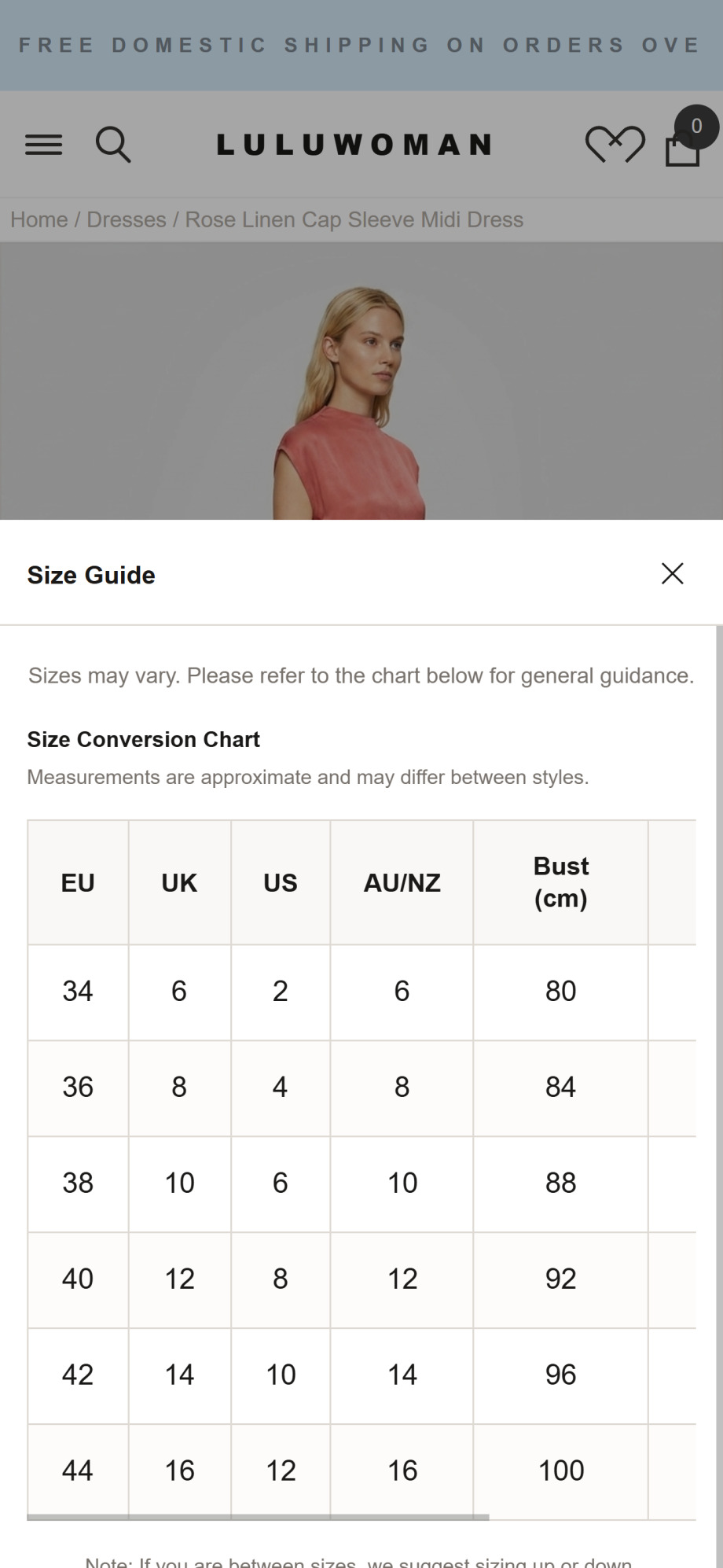 Luluwoman size guide before: a generic EU to UK to US conversion table opening with the disclaimer that sizes may vary.
