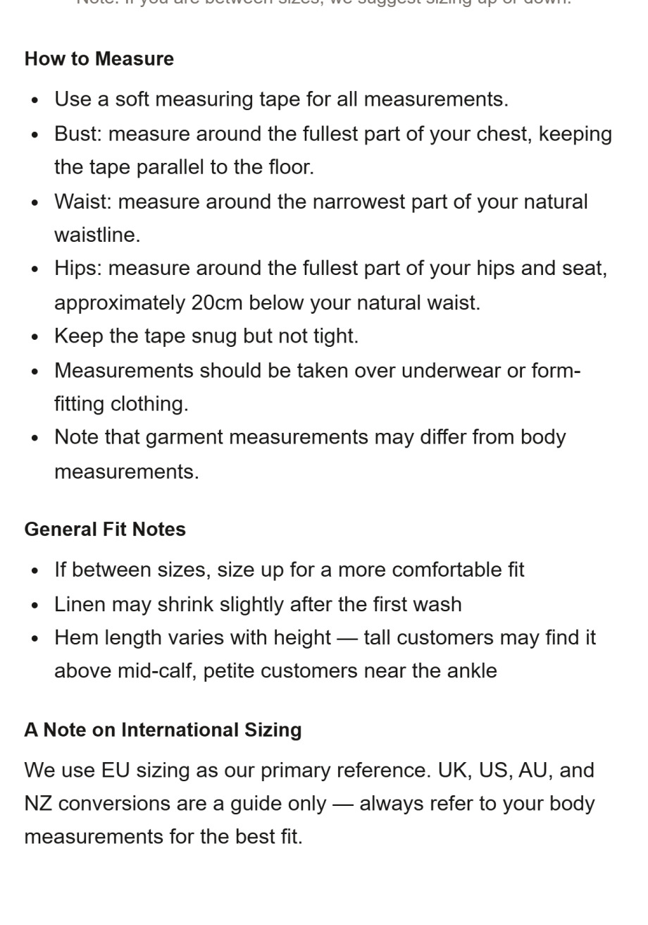 Luluwoman size guide before: long bulleted lists of measuring instructions and general fit notes with no diagram.