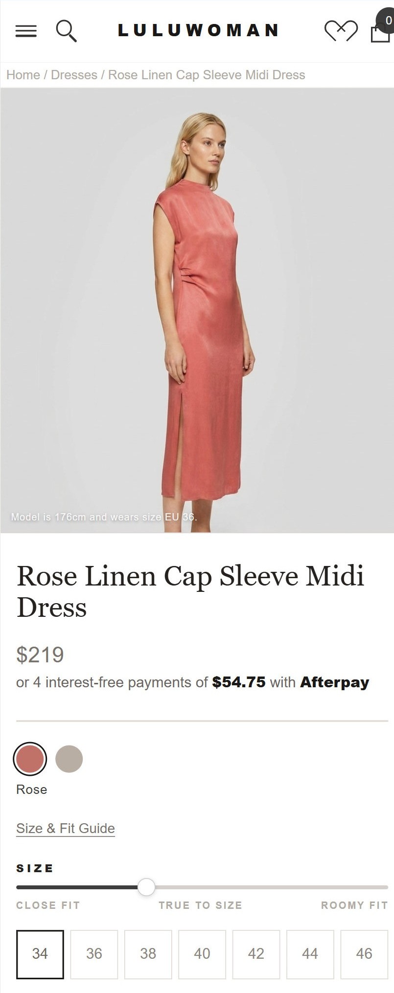Luluwoman product page after: model height and worn size stated on the image, with a prominent Size and Fit Guide link above the size selector.
