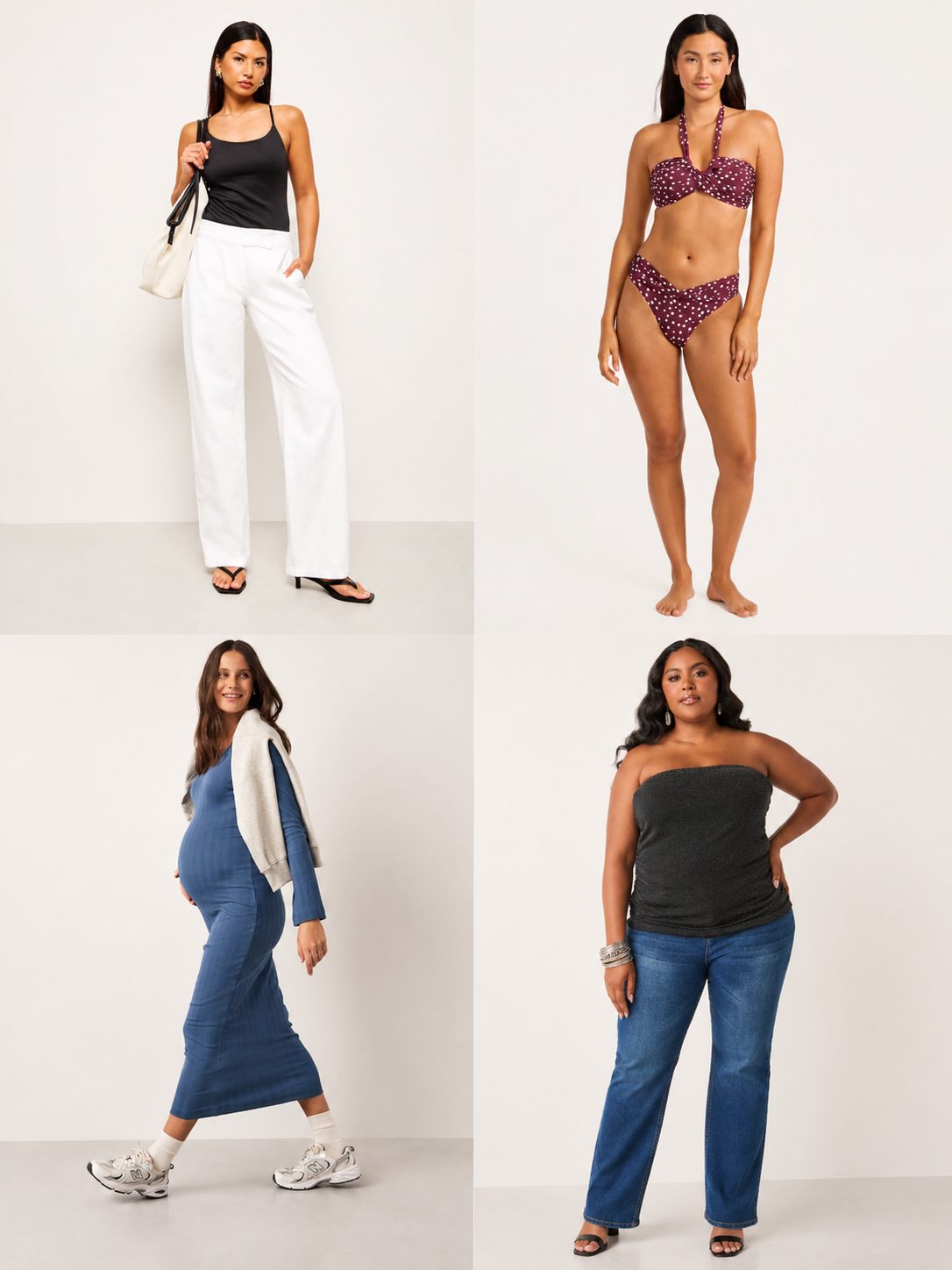 Four Convertify fashion verticals shown together: contemporary womenswear, swimwear, maternity and plus-size shoppers